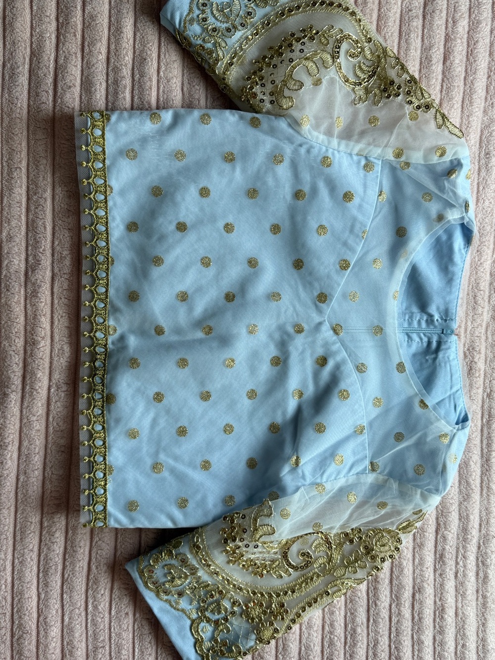 Light Blue Top with Gold Embroidered Sleeves and skirt with pink border